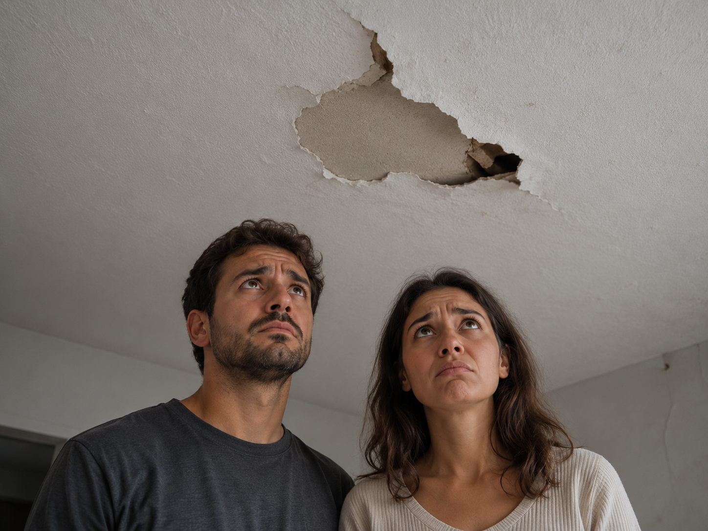 Casal preocupado com gesso danificado